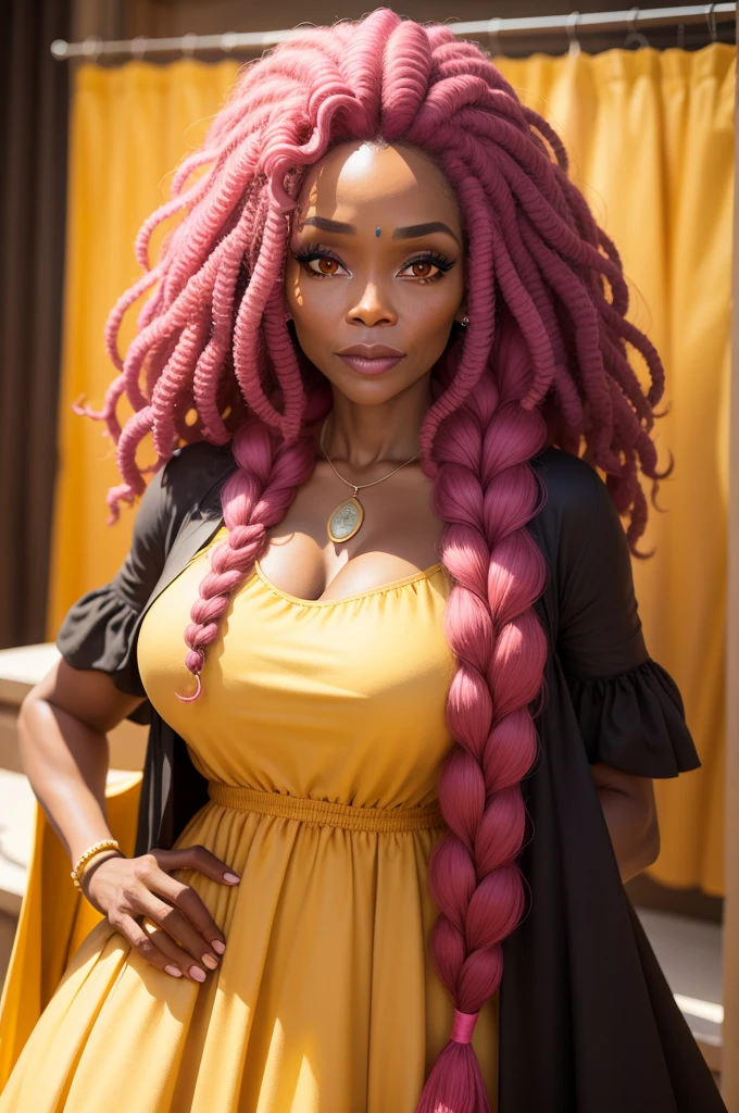Make a 47 year old black woman with long curly pink hair and wearing a long yellow dress fully detailed 
