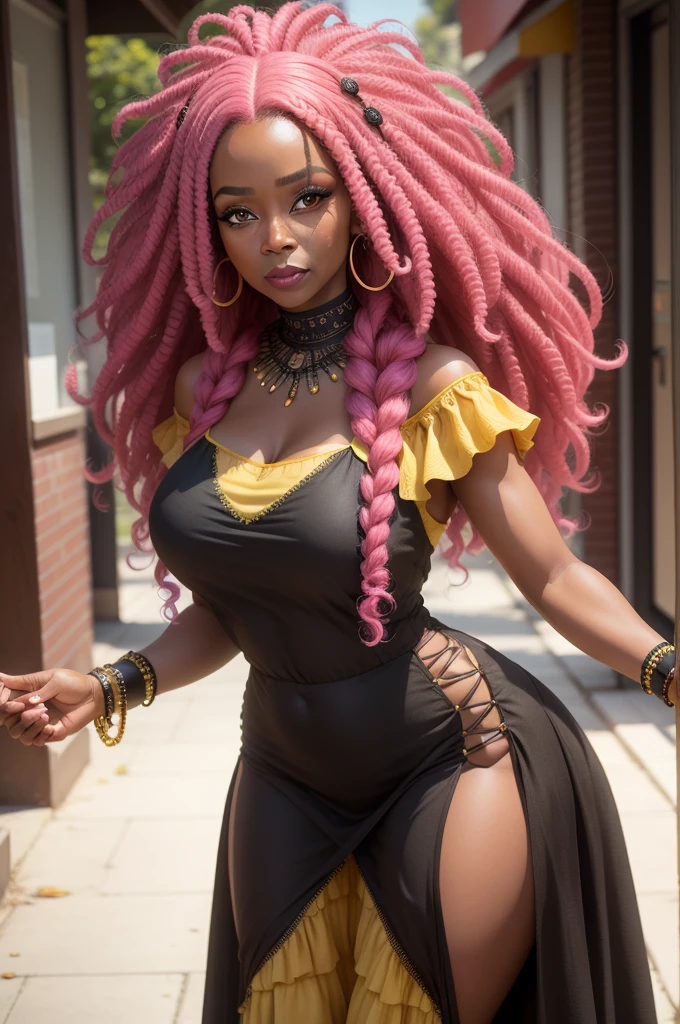 Make a 47 year old black woman with long curly pink hair and wearing a long yellow dress fully detailed