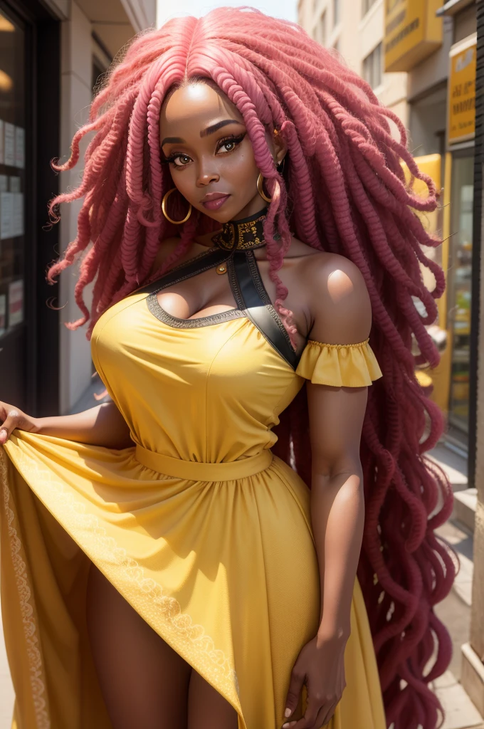 Make a 47 year old black woman with long curly pink hair and wearing a long yellow dress fully detailed