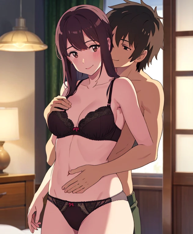 1boy, nude, muscular, Brown hair, boy behind girl, touching chest, breatsgrope from behind, grab, grabbing chest,chestgrab behind back, hold breast, hug back,1girl, light maroon hair, long curly hair, two strands of hair framing her face, Brown eyes, light pink lips, medium breast, black bra, black panties,smile :), sexy pose, arms up, cute, indoors, night, bedroom, lamp, lights off, two strands framing her face