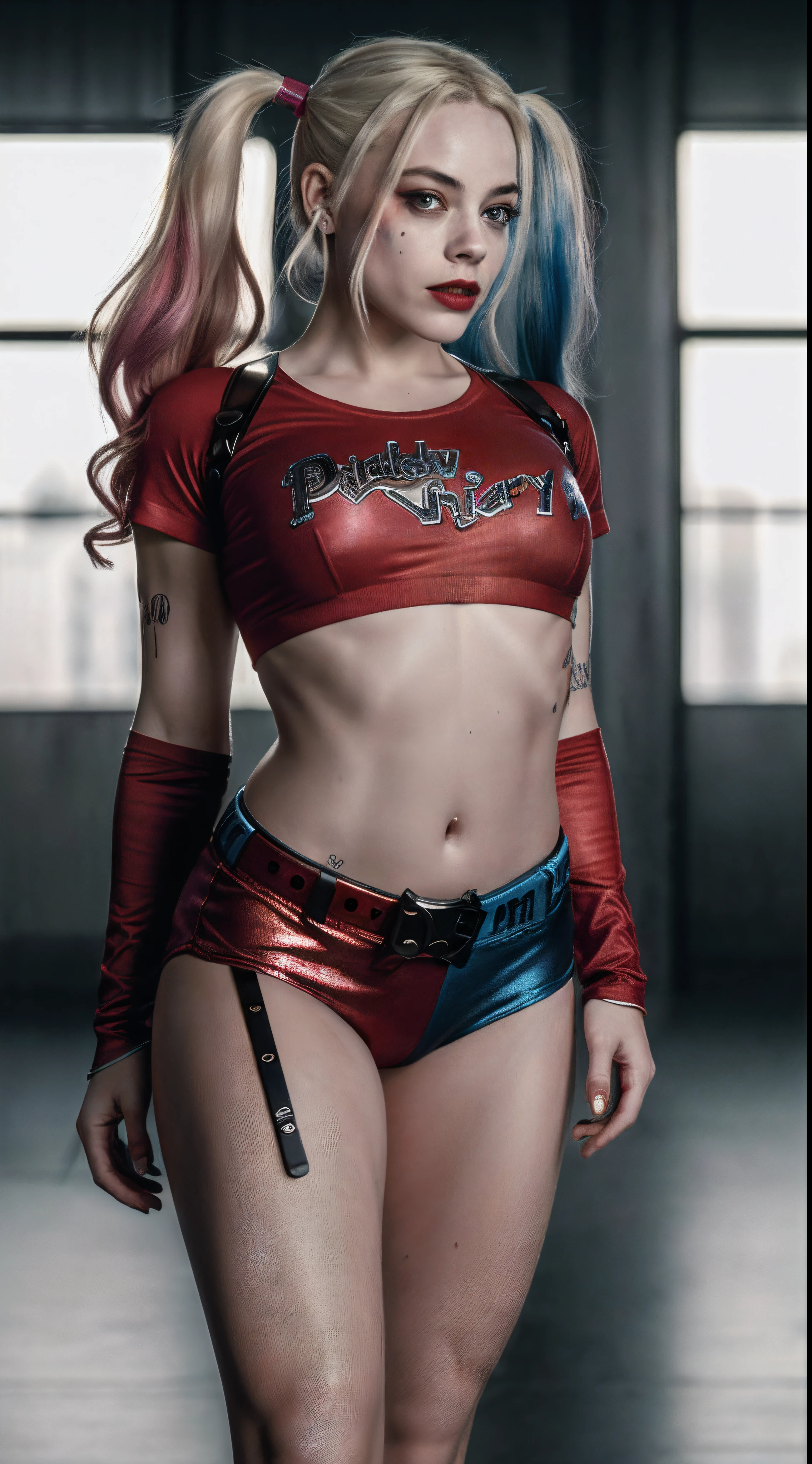 (8k, photo and gross, Best Quality, Masterpiece:1.2), ultra detailed, Official Art, full body shot, photorealistic:1.37, small, nipple visible through shirt, DC Harley Quinn, film grain, dynamic pose, big chest, thick thighs, shot focused on his chest
