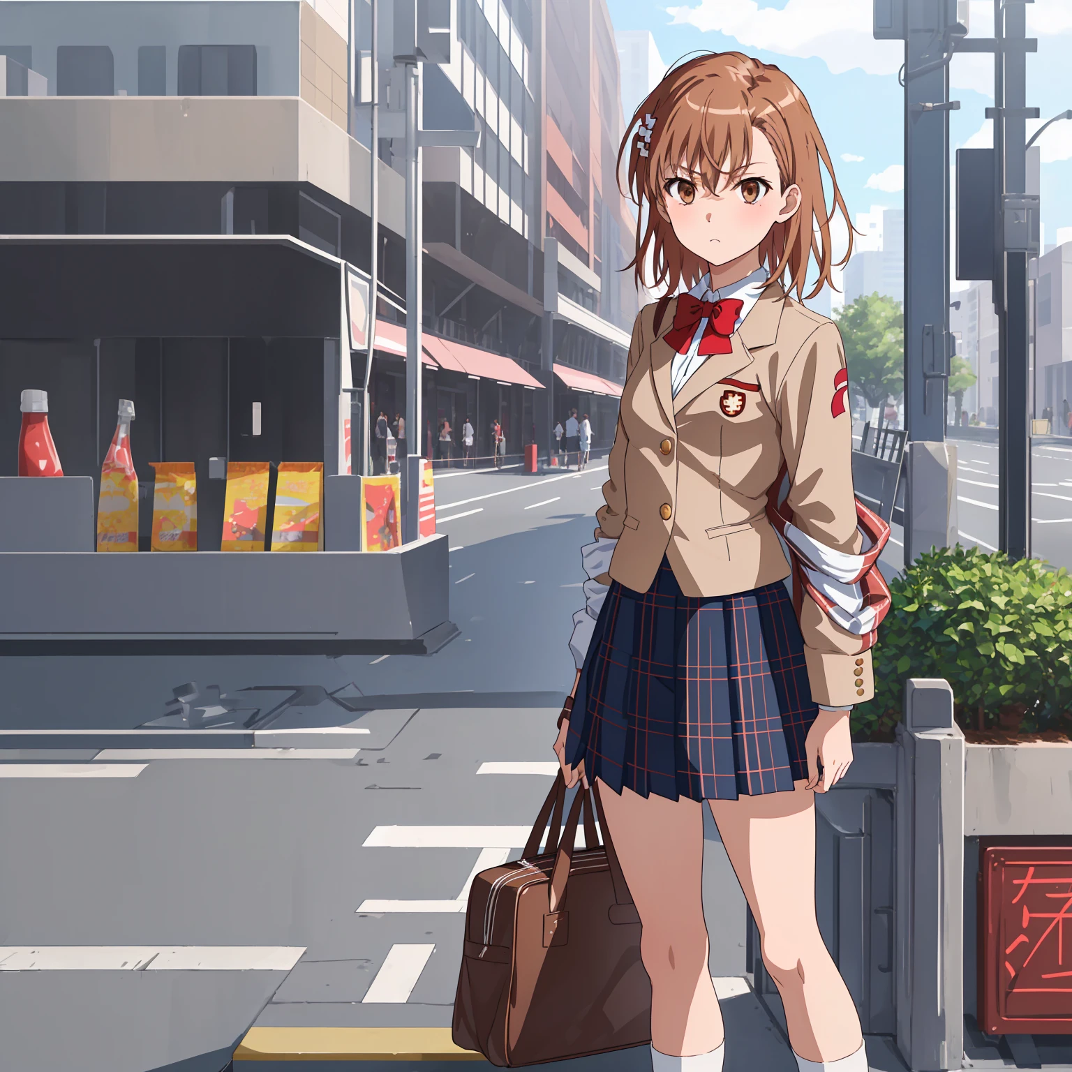 ((Best Quality)), ((masterpiece)), (detailed), 1girl, solo, perfect face, beautiful face, detailed face, perfect eyes, perfect hair, detailed hair, Misaka_mikoto, bowtie, brown jacket, red bow, red bowtie,blazer, bow, ， skirt, pleated skirt, shorts, grey skirt, socks,shoes, loose socks, shorts under skirt, loafers, brown footwear, black skirt, short shorts, blue plaid skirt with criss-cross lines in black and tan, pleated skirt with black pleats and school style, small breasts, flat breasts, show face, focus face, face-to-face, facial zoom, noise reduction, clarity and sharpness, Brown eyes, extremely detailed hair