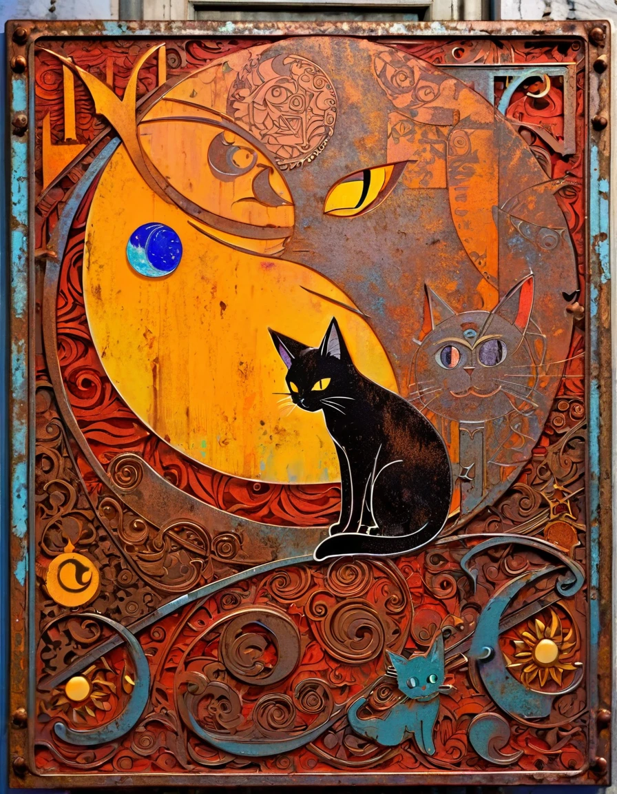 decorative rusty metal sign with a drawing of a satanic cat and a moon, artwork inspired by dave mcKean, vivid colors, intricate details, oil.