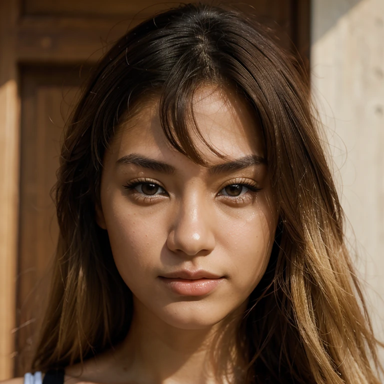 Mixed european and asian descent woman with blond hair with dark brown eyes