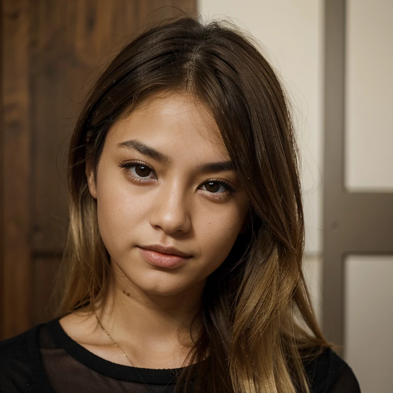 Mixed european and asian descent woman with blond hair with dark brown eyes