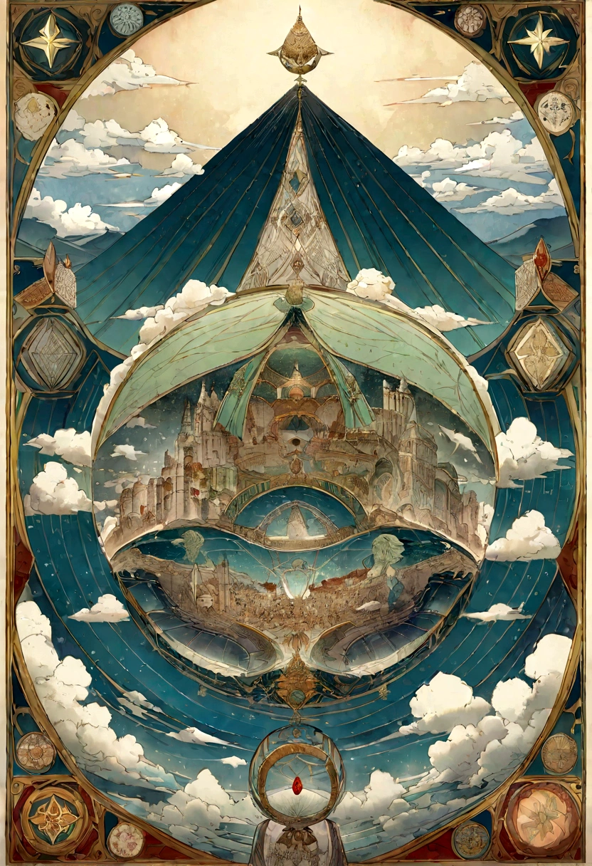 "A majestic mountain peak surrounded by swirling clouds under a starlit sky. At the summit, figures from different historical periods—ancient warriors, medieval scholars, and modern scientists—gather in quiet contemplation. Above them, constellations form intricate patterns resembling scenes from various cultures' afterlife beliefs, hinting at universal themes of cosmic interconnectedness and the enduring quest for understanding life's mysteries."
