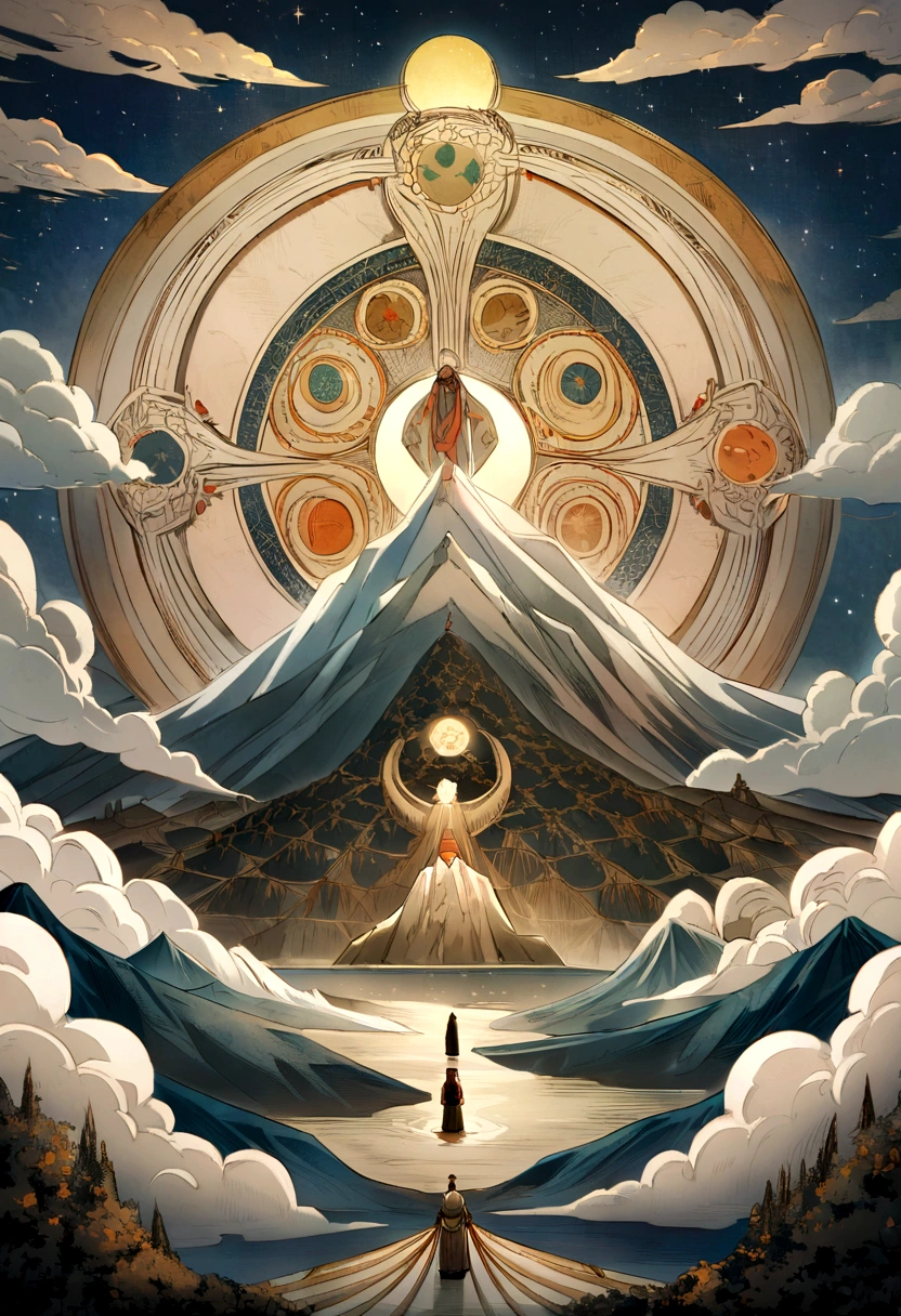 "A majestic mountain peak surrounded by swirling clouds under a starlit sky. At the summit, figures from different historical periods—ancient warriors, medieval scholars, and modern scientists—gather in quiet contemplation. Above them, constellations form intricate patterns resembling scenes from various cultures' afterlife beliefs, hinting at universal themes of cosmic interconnectedness and the enduring quest for understanding life's mysteries."
