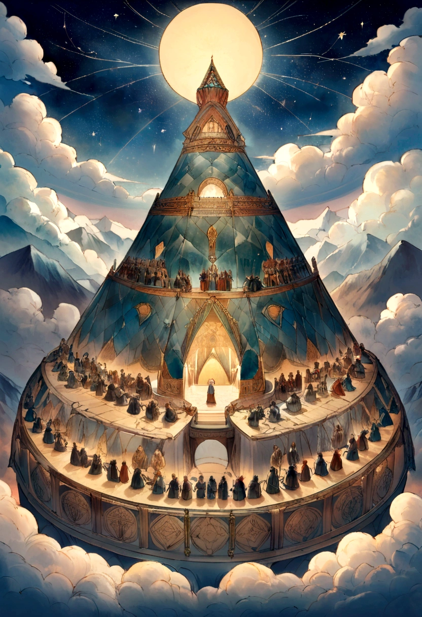 "A majestic mountain peak surrounded by swirling clouds under a starlit sky. At the summit, figures from different historical periods—ancient warriors, medieval scholars, and modern scientists—gather in quiet contemplation. Above them, constellations form intricate patterns resembling scenes from various cultures' afterlife beliefs, hinting at universal themes of cosmic interconnectedness and the enduring quest for understanding life's mysteries."