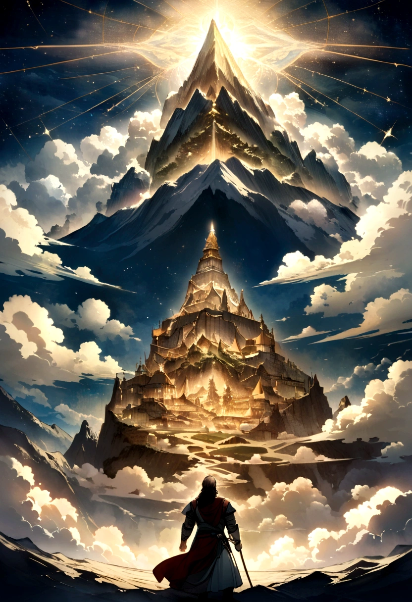 "A majestic mountain peak surrounded by swirling clouds under a starlit sky. At the summit, figures from different historical periods—ancient warriors, medieval scholars, and modern scientists—gather in quiet contemplation. Above them, constellations form intricate patterns resembling scenes from various cultures' afterlife beliefs, hinting at universal themes of cosmic interconnectedness and the enduring quest for understanding life's mysteries."