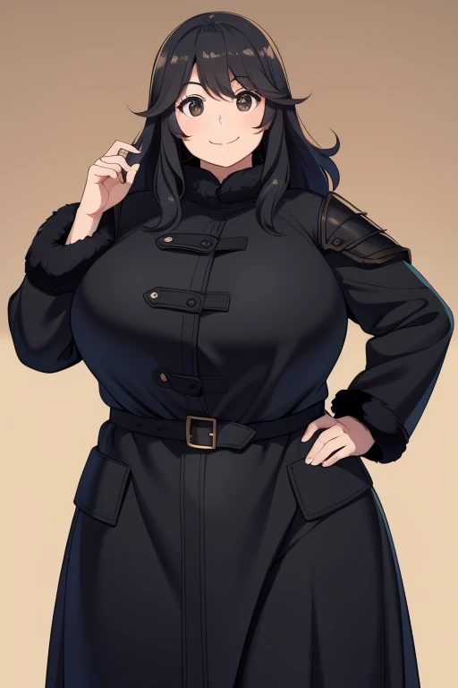 Plump year 21 big breasts black hair brown eyes chubby happy longer hair smile black coat armor