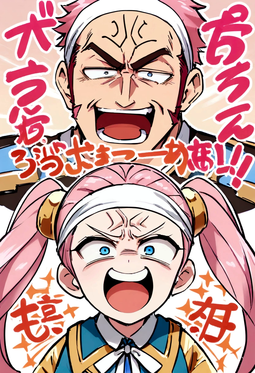 (Angry CBUM Champion) | (Intense expression), (pink hair, twin tails twin drill, show your forehead, blue eyes, White frilled white headband, slanted eyes, smile, long sideburns, curled bangs, neck ribbon, Forehead, amount),