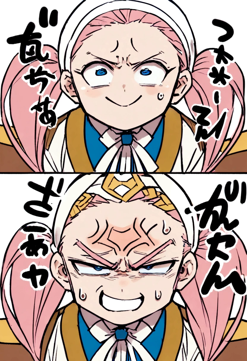 (Angry CBUM Champion) | (Intense expression), (pink hair, twin tails twin drill, show your forehead, blue eyes, White frilled white headband, slanted eyes, smile, long sideburns, curled bangs, neck ribbon, Forehead, amount),