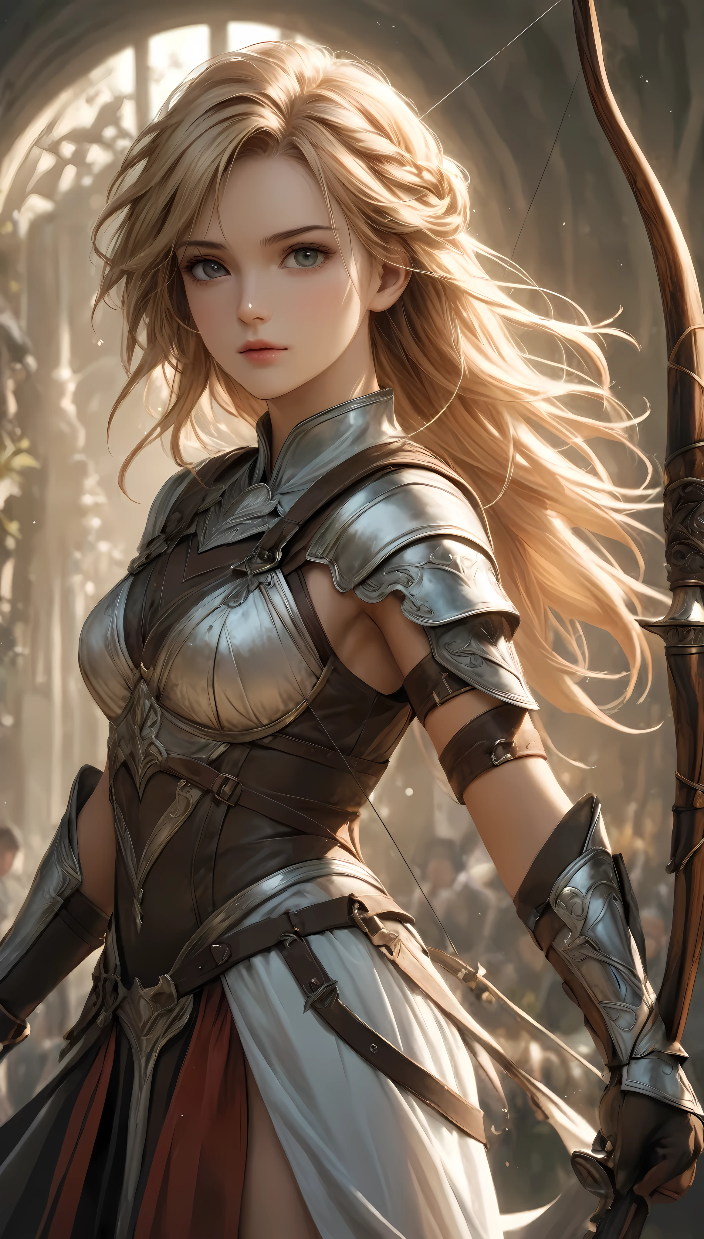 Create a cinematic photo of a female archer with blonde supermodel beauty, standing confidently with her bow and quiver on her back. Set the scene in an exotic hall filled with heavenly light and a tyndall effect. The archer is wearing hand gloves and aesthetic archer accessories, creating a hunting atmosphere with a shimmer. The focus should be on her pose and attire, ensuring all elements are accurately depicted. ((The female archer should be standing tall, holding her majestic bow):1.3). Her hands should be relaxed but well-detailed, showing her readiness and confidence. Pay special attention to the bow and quiver, ensuring they are realistically positioned and rendered. The scene should have a dark shot with film grain, captured with sharp focus, and rendered in ultra-high definition, 16K resolution with UHD and retina quality. The image should have an ultra-detailed, realistic look with textured skin and anatomical correctness. Use soft color photography and a cinematic lens for a movie-like still image with dynamic angles. Ensure the composition, design, layout, and detail are perfect, enhancing all elements for maximum detail and accuracy. Make sure every element, especially the hands, bow, and quiver, are depicted with utmost precision.
