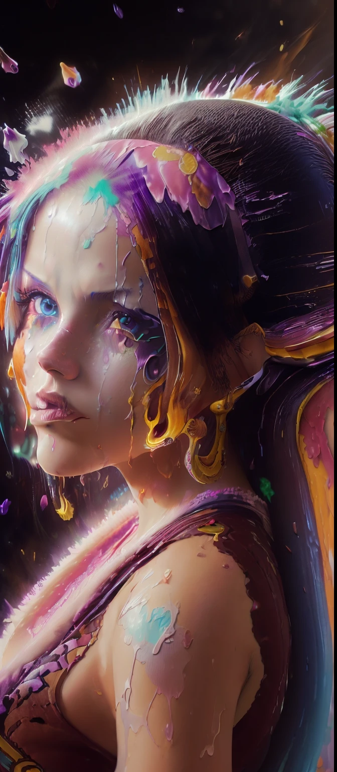 (level difference:1.8),(Paint colliding and splashing on the canvas),(depth of field),1girl's side face blends into it,(side face),open mouth,(liquid paint rainbow hair:1.1) made of paint and defies gravity,thick flowing,(paint splatter:1.3),Liquid state,stunningly beautiful, masterpiece, detailed background,ultra high quality model, ethereal background,abstract beauty, explosive volumetric, oil painting,heavy strokes,Romantic lighting,Sub-Surface Scatterring,lens 135mm,f1.8, glow, 8k, high resolution, dreamy, ray tracing, hdr, god rays, ((Boa Hancock one piece,)) red painting,