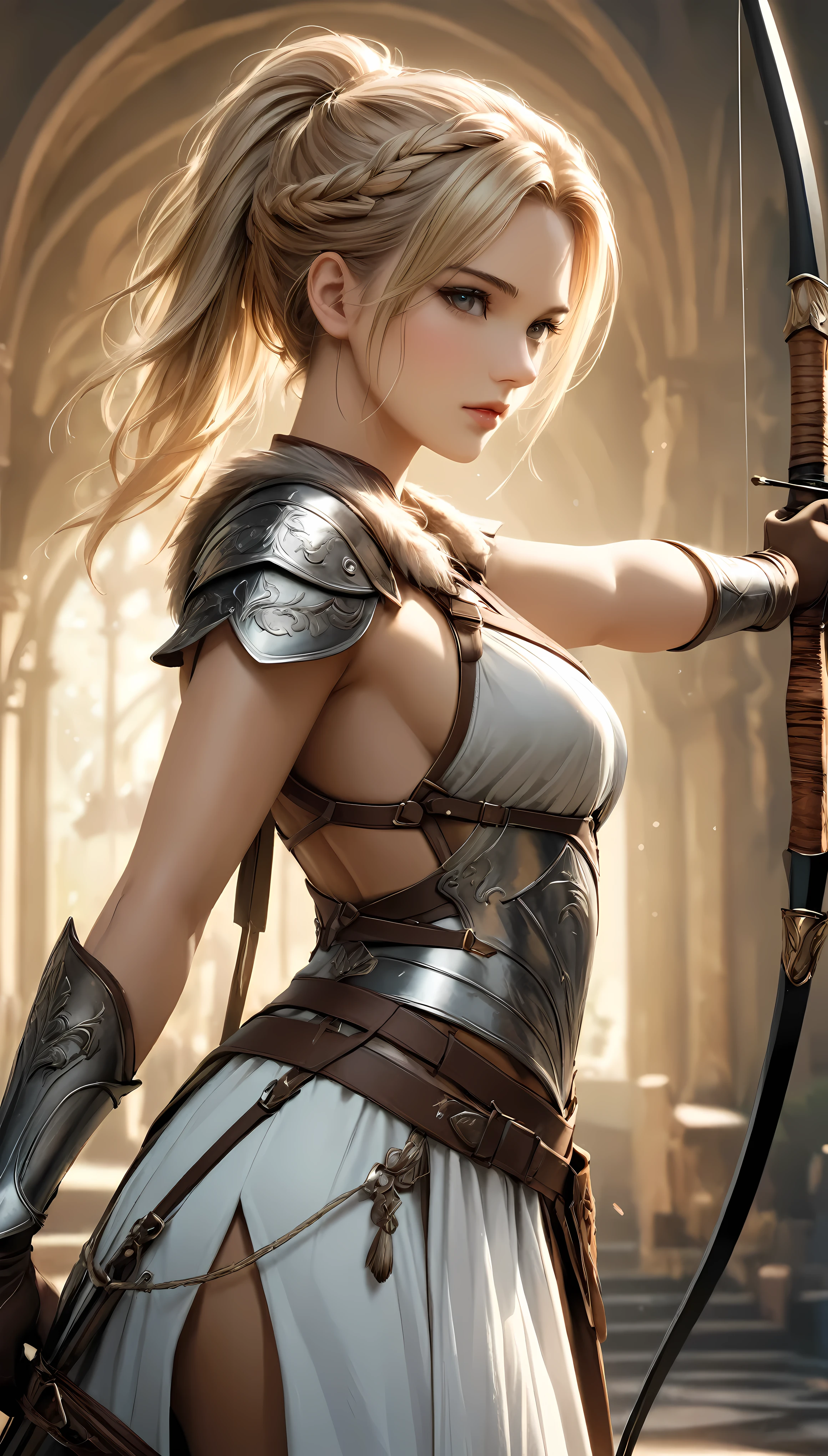 Create a cinematic photo of a female archer with blonde supermodel beauty, standing confidently with her bow and quiver on her back. Set the scene in an exotic hall filled with heavenly light and a tyndall effect. The archer is wearing hand gloves and aesthetic archer accessories, creating a hunting atmosphere with a shimmer. The focus should be on her pose and attire, ensuring all elements are accurately depicted. ((The female archer should be standing tall, holding her majestic bow):1.3). Her hands should be relaxed but well-detailed, showing her readiness and confidence. Pay special attention to the bow and quiver, ensuring they are realistically positioned and rendered. The scene should have a dark shot with film grain, captured with sharp focus, and rendered in ultra-high definition, 16K resolution with UHD and retina quality. The image should have an ultra-detailed, realistic look with textured skin and anatomical correctness. Use soft color photography and a cinematic lens for a movie-like still image with dynamic angles. Ensure the composition, design, layout, and detail are perfect, enhancing all elements for maximum detail and accuracy. Make sure every element, especially the hands, bow, and quiver, are depicted with utmost precision.
