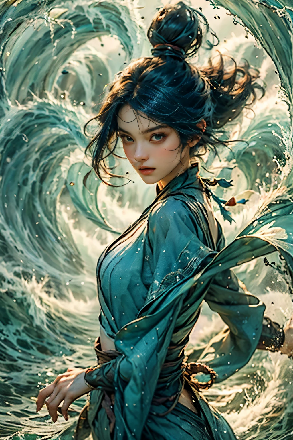 (Best quality,8K,High-res,Masterpiece:1.2),watercolor,1girll,solo,Black hair,water,Waves,Lips,Upper body,dynamicposes.The belly button and the surrounding area are exposed,Small breasts,Flat Chest,Small Ass,Small waist,Thin legs,Shoulders exposed skin,A beautiful woman,A beautiful girl,