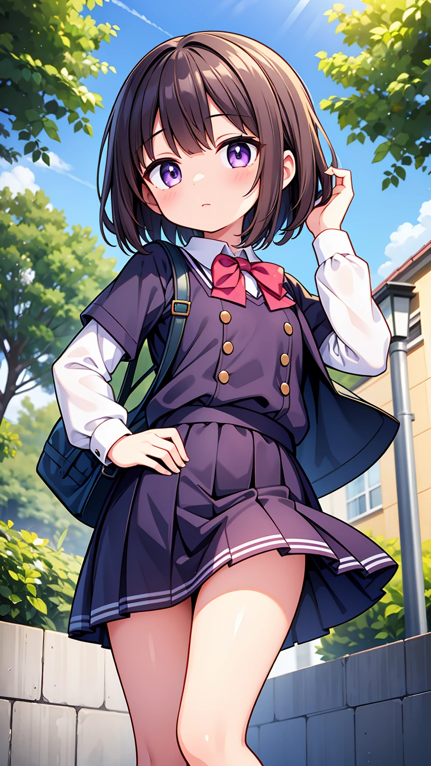 (High quality), (masterpiece), (very detailed), girl, (small chest), short brown hair, purple eyes, shy face, (primary school loli), showing her thighs, on the school yard, sunny, camera angle from below, adorable eyes, (primar school uniform), panties, (skirt lifted by strong wind)