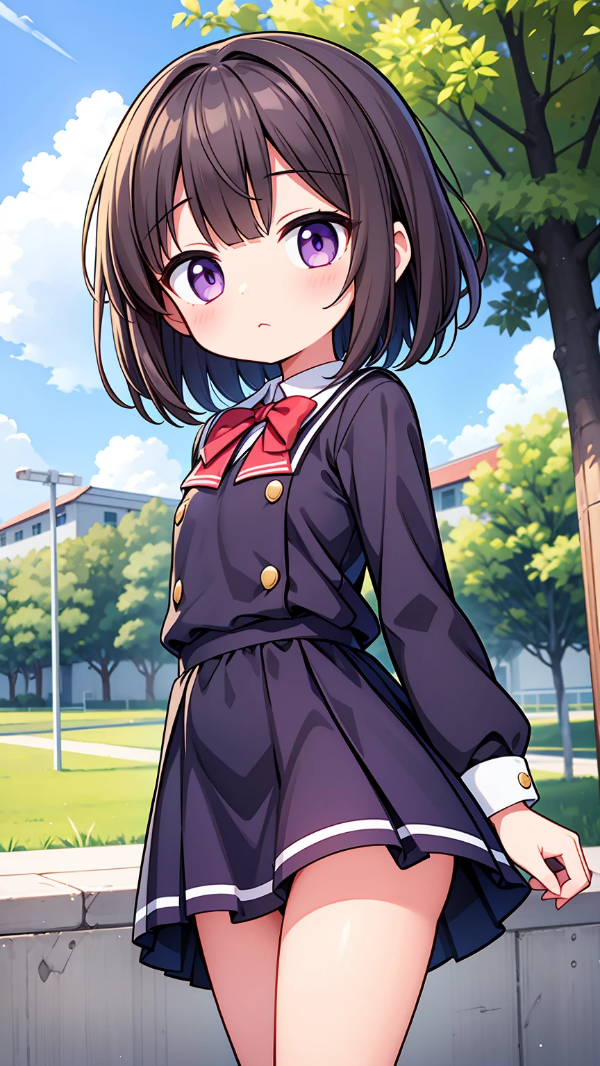 (High quality), (masterpiece), (very detailed), girl, (very small bust), short brown hair, purple eyes, shy face, (primary school loli), showing her thighs, on the school yard, sunny, camera angle from below, adorable eyes, (primar school uniform)
