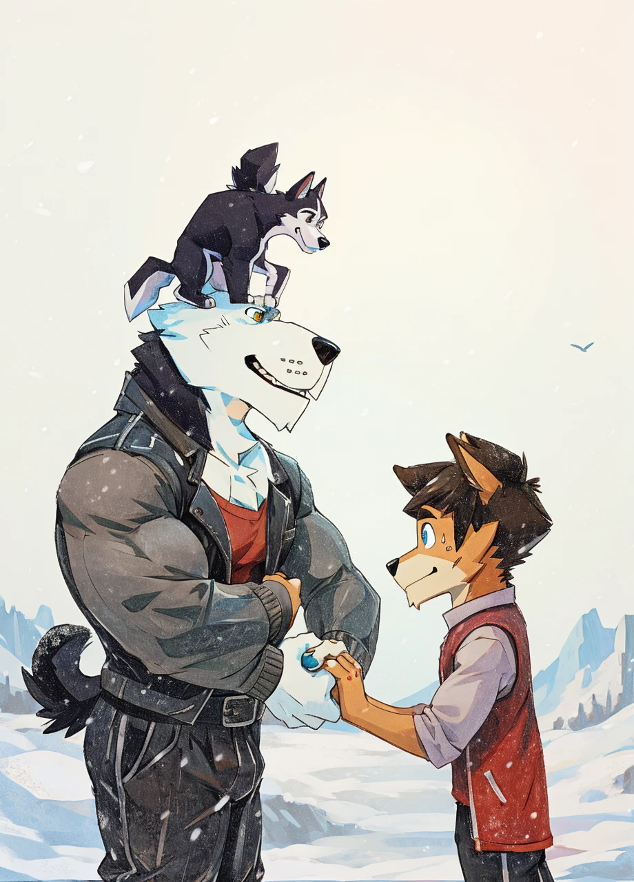 A muscular husky dog with strong, muscular build, white and black fur, wearing a leather jacket, winter pants, and snow boots, standing in an arctic landscape. A skinny boy with circle glasses, wearing a t-shirt, vest, sweatpants, holding hands with the dog, with eyes between them.