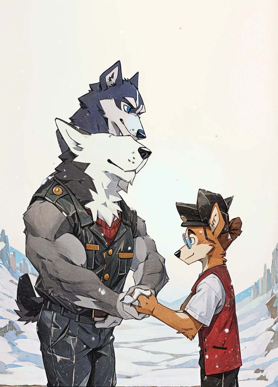 A muscular husky dog with strong, muscular build, white and black fur, wearing a leather jacket, winter pants, and snow boots, standing in an arctic landscape. A skinny boy with circle glasses, wearing a t-shirt, vest, sweatpants, holding hands with the dog, with eyes between them.