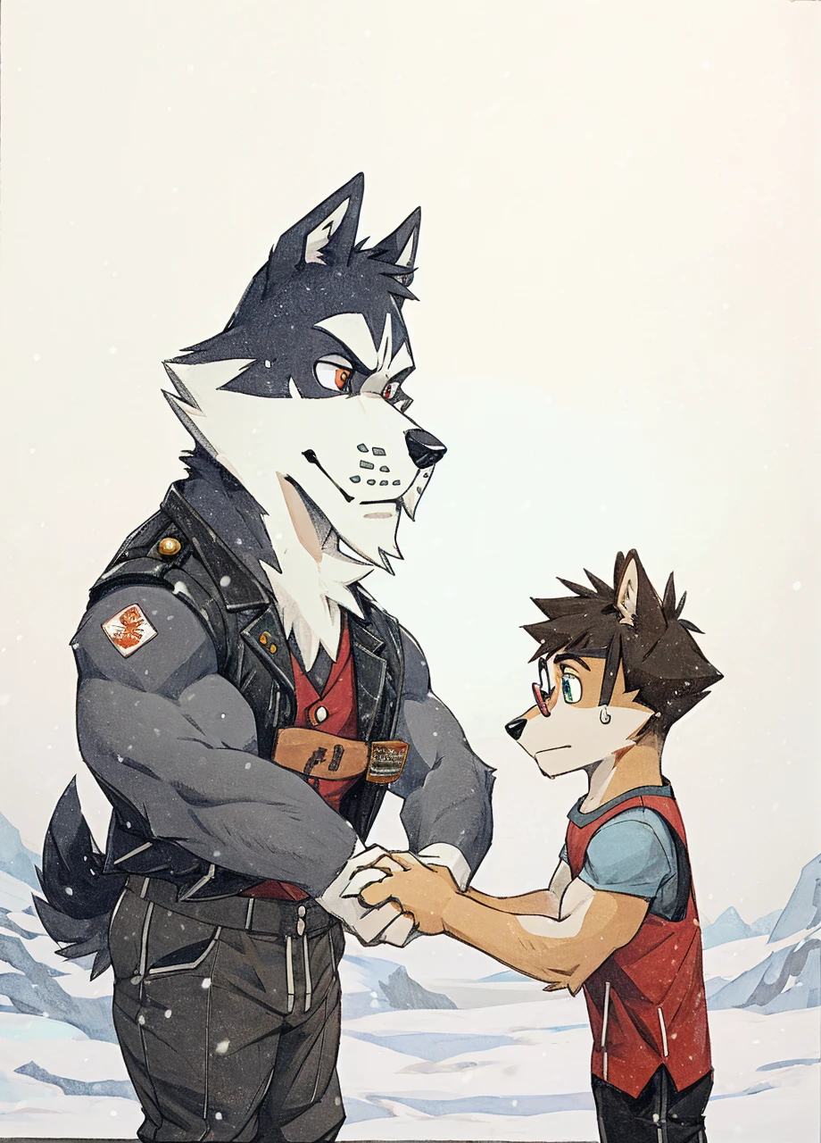A muscular husky dog with strong, muscular build, white and black fur, wearing a leather jacket, winter pants, and snow boots, standing in an arctic landscape. A skinny boy with circle glasses, wearing a t-shirt, vest, sweatpants, holding hands with the dog, with eyes between them.