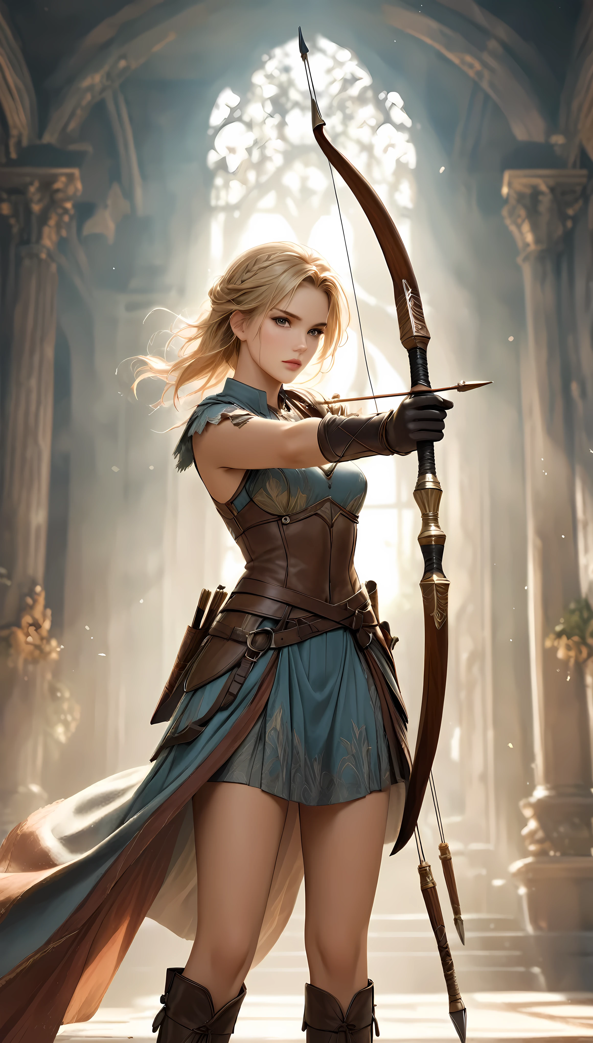 Create a cinematic photo of a female archer with blonde supermodel beauty, standing confidently with her bow and quiver on her back. Set the scene in an exotic hall filled with heavenly light and a tyndall effect. The archer is wearing hand gloves and aesthetic archer accessories, creating a hunting atmosphere with a shimmer. The focus should be on her pose and attire, ensuring all elements are accurately depicted. ((The female archer should be standing tall, holding her majestic bow):1.3). Her hands should be relaxed but well-detailed, showing her readiness and confidence. Pay special attention to the bow and quiver, ensuring they are realistically positioned and rendered. The scene should have a dark shot with film grain, captured with sharp focus, and rendered in ultra-high definition, 16K resolution with UHD and retina quality. The image should have an ultra-detailed, realistic look with textured skin and anatomical correctness. Use soft color photography and a cinematic lens for a movie-like still image with dynamic angles. Ensure the composition, design, layout, and detail are perfect, enhancing all elements for maximum detail and accuracy. Make sure every element, especially the hands, bow, and quiver, are depicted with utmost precision.
