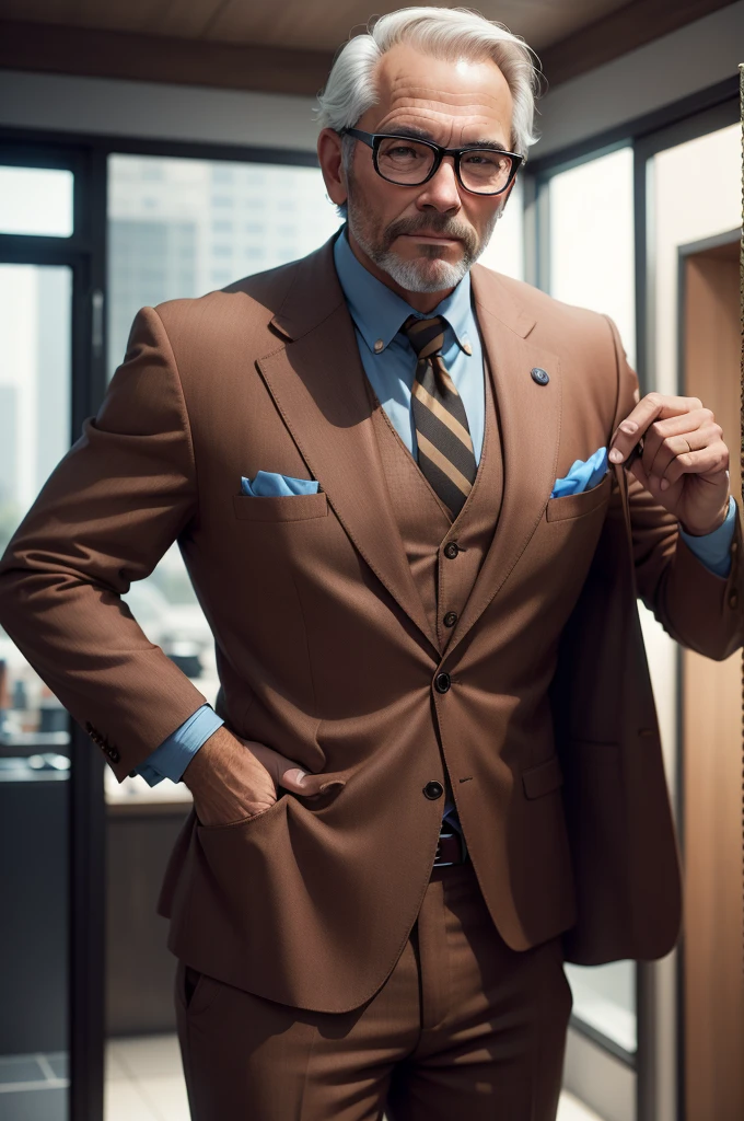 Make a 56 year old man wearing a brown suit