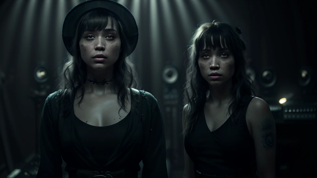 photo of one savage badass hip hop female rapper, 1women ,((detailed music studio: 1.4)), Witch hat, (detailed faces: 1.4), highres, RAW photo 8k uhd, dslr, , ((cinematic light)), colorful, hyper detail, dramatic light, intricate details, (best lighting, an extremely delicate and beautiful), abstract colors, Disgusted face,  looking down to viewer, deep eyes, glare eyes, , (smoother lighting:1.05), (increase cinematic lighting quality:0.9), ,(detailed sing: 1.4),