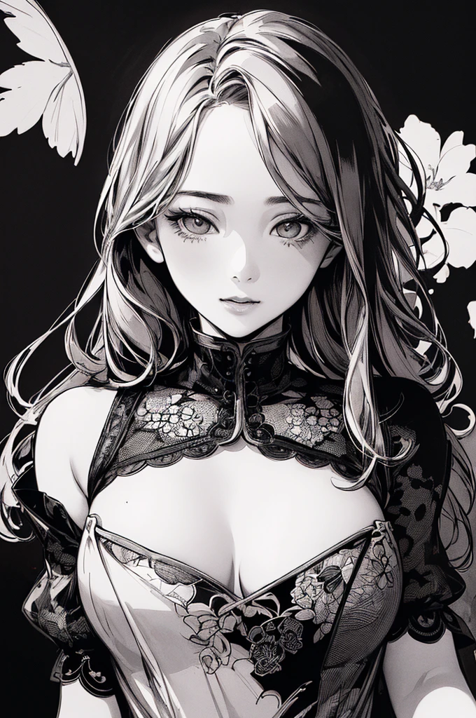 Highest quality, (Background details), High Contrast, Very beautiful woman, Detailed original illustrations、functional、Delicate face、charm、sexy、Real breasts、 Head close-up, Black background, (Black background: 1.5), Beautiful line art、Monochrome