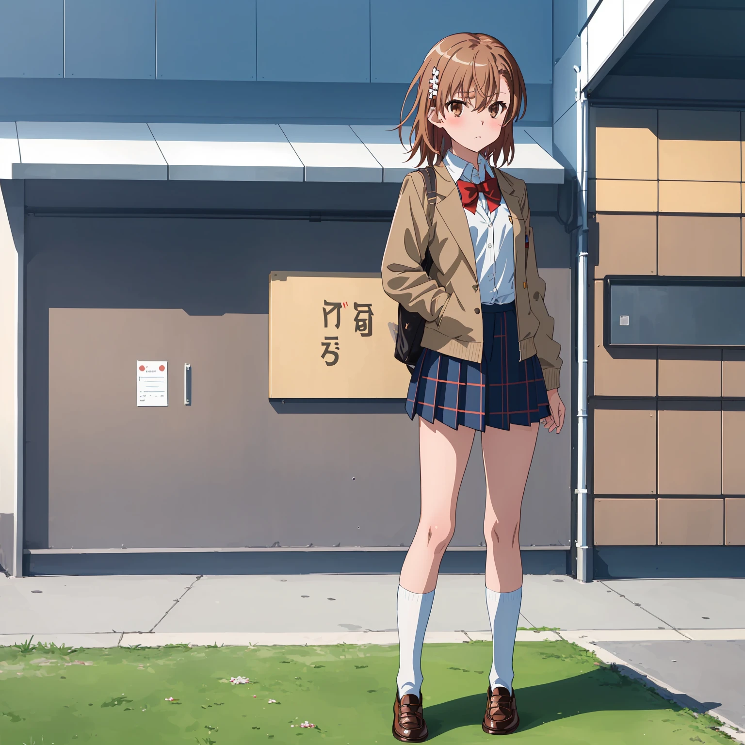 ((Best Quality)), ((masterpiece)), (detailed), perfect face, Beautiful appearance, cute, seductive look, Misaka Mikoto, 1 girl, solo, tokiwadai winter uniform, white shirt, black calf-length socks, brown shoes, , small tits, small breasts, flat chest, big thighs, tokiwadai middle school, simple red bow on the neck, misaka elegant, school classroom background, simple khaki jacket, jacket , pure khaki color jacket, blue plaid skirt with criss-cross lines in black and tan, pleated skirt with black pleats and school style, simple jacket, buttoned jacket.