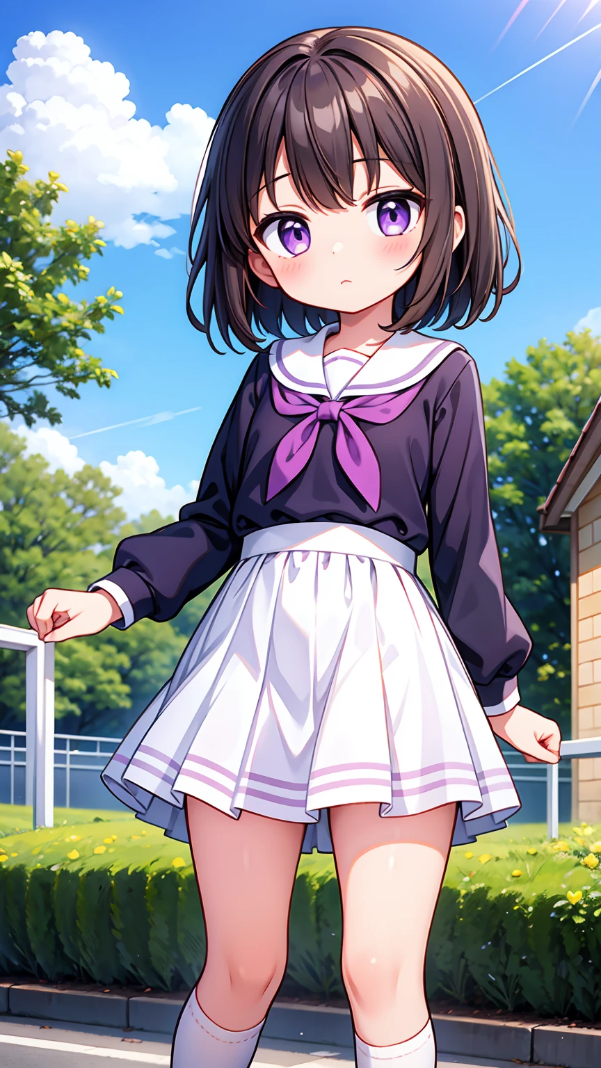 (High quality), (masterpiece), (very detailed), girl, (very small bust), short brown hair, purple eyes, shy face, (primary school ), showing her thighs, on the school yard, sunny, camera angle from below, adorable eyes, (primar school uniform)