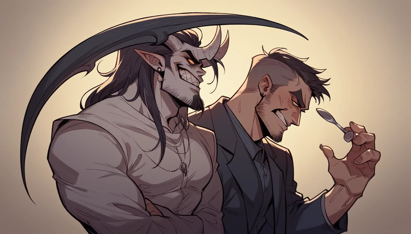 3 men; The first is a demon with horns and red skin. The second is a demon with red eyes, red skin and tattoos. Finally, the third is an angel with tattoos. The three of them are having a gay threesome sex; The angel (the third man) is on all fours sucking the first demon's penis and being fucked in the ass by the second demon. While the demons look at them with a diabolical smile