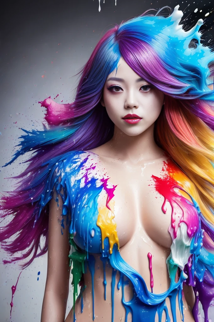 (level difference:1.8),(Paint collides and splatters on the canvas),(Depth of bounds written),1girl, 24 years old, Japanese, (Liquid Paint Rainbow Hair:1.1) made of paint、defy gravity,thick stream,(paint splatters:1.3),liquid state,amazingly beautiful, masterpiece, detailed background,Super high quality model, fantastic background,abstract beauty, (A large amount of paint drips down covering the naked body), explosive volumetric, oil,heavy stroke,romantic lighting,subsurface scattering,lens 135mm,f1.8,shine,8K,High resolution, dream-like,ray tracing,HDR,god&#39;s rays,