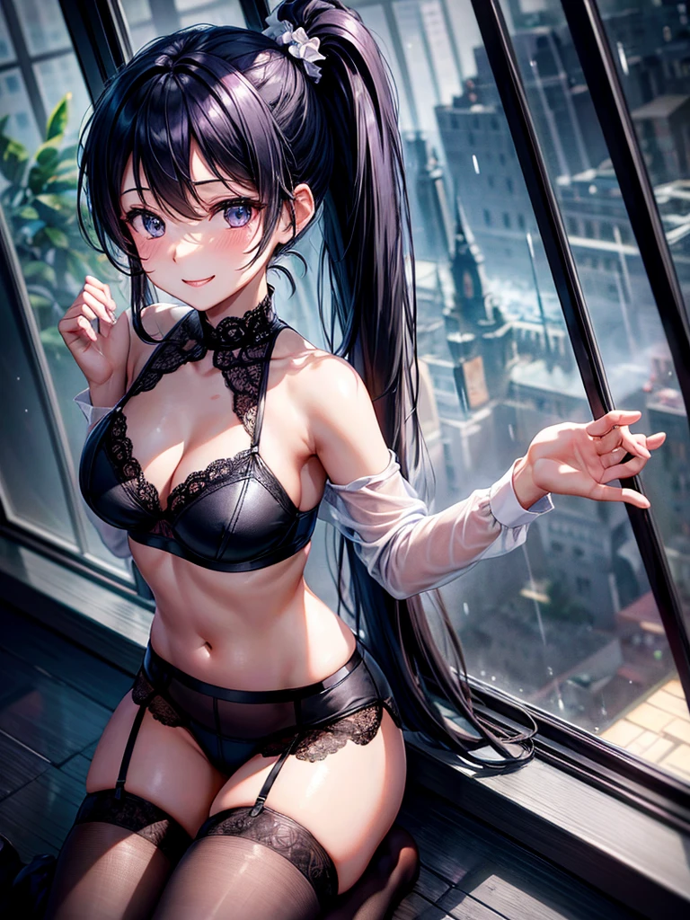 Highest quality,Highest Resolution,4K quality,寝室で大きな窓の外の都市の豪rainの夜景を眺める下着姿のsmileの女性の横顔,Jet black ponytail,Dark room,Sexy Lingerie,Many water drops on the window,garter belt,High leg,Light purple underwear,Knee-high stockings,rain,豪rain,雷rain,smile,