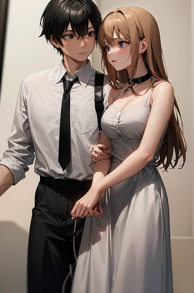 A girl with a leash around her neck, holding the leash with one hand. A boy is behind her, grabbing the leash with a rope in the other hand. They are both dressed casually but elegantly., in a discreet and modern environment. The scene has soft lighting that creates an intimate atmosphere, highlighting the connection between the two characters without being explicit. (Make it a discreet photo to share)