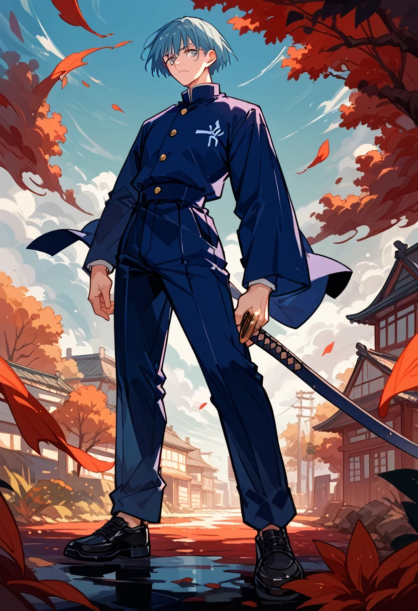 Jujutsu Kaisen style strong character with full body short hair and with a katana