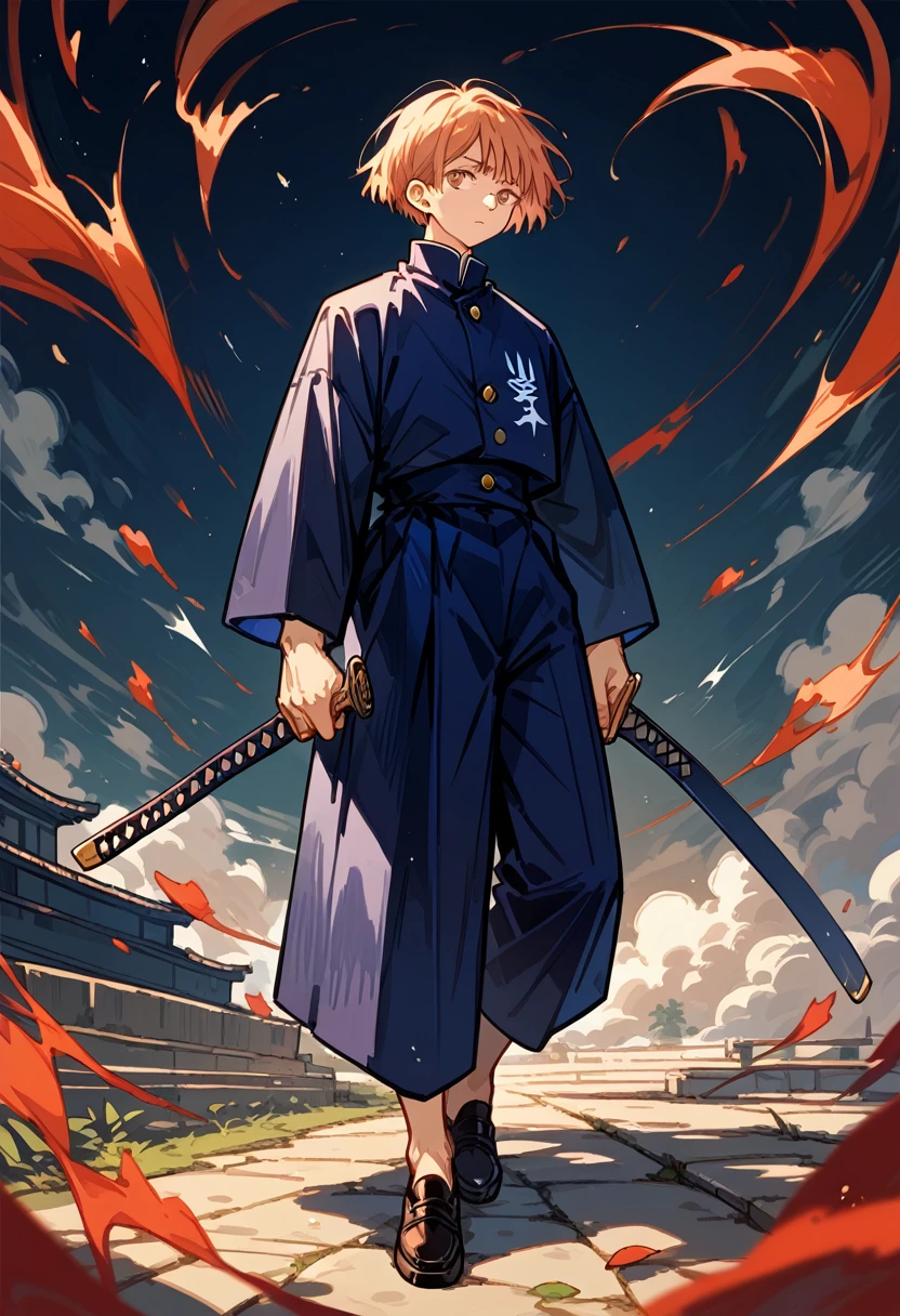 Jujutsu Kaisen style strong character with full body short hair and with a katana