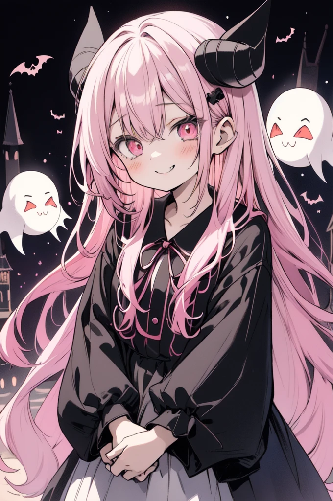 cute anime girl, pink hair, neatly styled, black hood with devil horns, small skull hair clip, big round eyes, smiling, striped shirt, ghosts and pumpkin ghost, bats flying around her, deformed church background, pastel tones, outlined, storybook style, warm touch, textured paper, hologram effect, digital and analog fusion, illustration