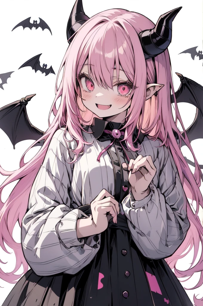 cute anime girl, pink hair, neatly styled, black hood with devil horns, small skull hair clip, big round eyes, smiling, striped shirt, ghosts and pumpkin ghost, bats flying around her, deformed church background, pastel tones, outlined, storybook style, warm touch, textured paper, hologram effect, digital and analog fusion, illustration