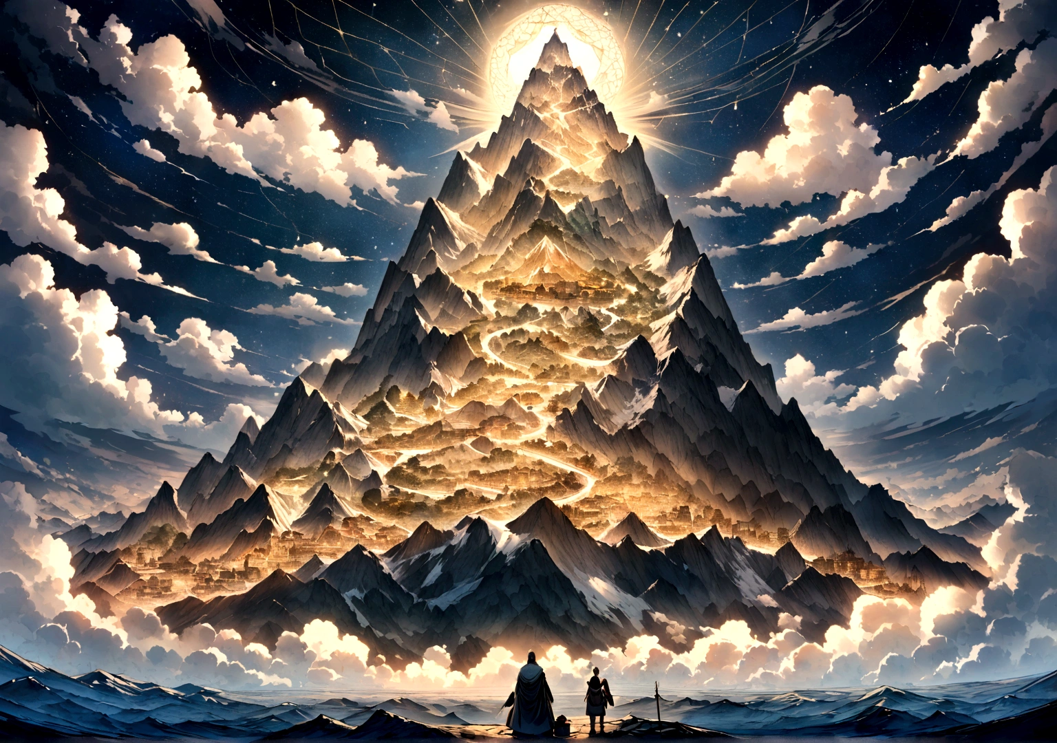 "A majestic mountain peak surrounded by swirling clouds under a starlit sky. At the summit, figures from different historical periods—ancient warriors, medieval scholars, and modern scientists—gather in quiet contemplation. Above them, constellations form intricate patterns resembling scenes from various cultures' afterlife beliefs, hinting at universal themes of cosmic interconnectedness and the enduring quest for understanding life's mysteries."