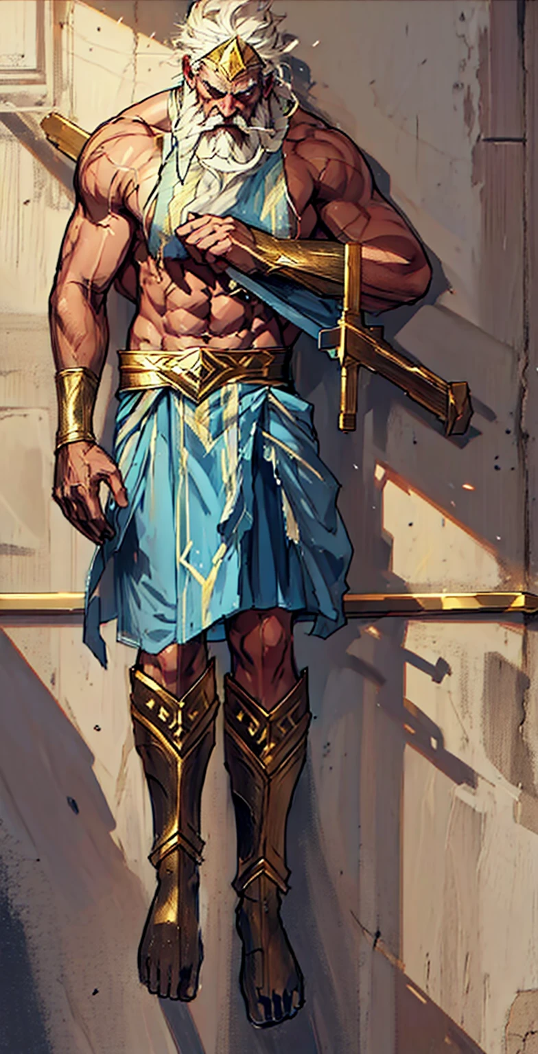 Zeus barricaded against a wall, sword through his chest