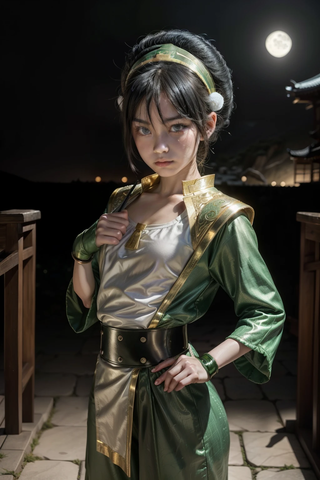 Ultra detailed ,beautiful  , delicada ,Toph beifong , 10 year old  girl ,japonese  girl ,1girl , flat  chest , green  clothes , Black hair, blind ,night moon , japonese temple  background , . Beautiful face.  , standing  , Wallpaper. Kung-fu pose .