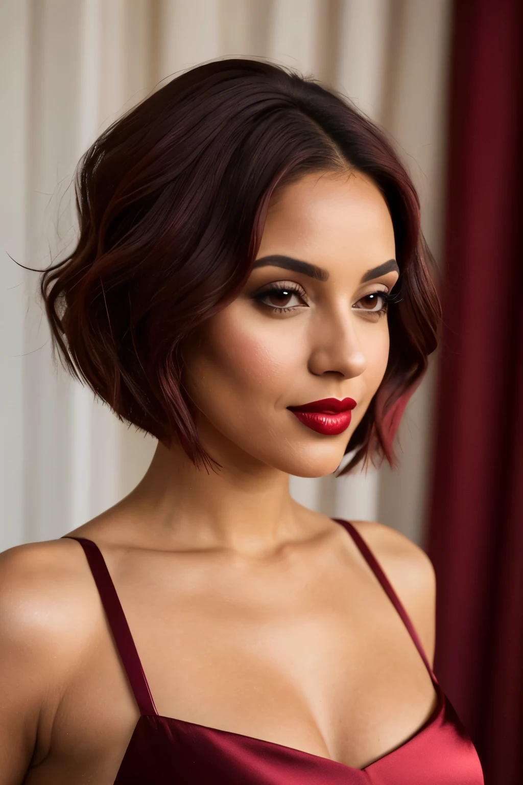30 year old Latin woman with light skin, brown eyes, sporting a burgundy bob style haircut that elegantly frames her face without any bangs, exudes a seductive look. The subtle highlights in her hair give it a captivating shimmer under the soft, warm lighting. Her full lips are painted with a bold, red lipstick that complements her radiant complexion. She wears a low-cut, satin dress that accentuates her curves and reveals a hint of her delicate cleavage. The dress, in a deep, rich burgundy color, matches her hair, making her stand out against the muted background. She leans against a sleek,