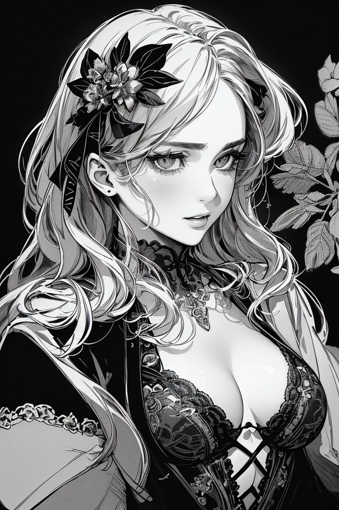 Highest quality, (Background details), High Contrast, Very beautiful woman, Detailed original illustrations、functional、Delicate face、charm、sexy、Real breasts、 Head close-up, Black background, (Black background: 1.5), Beautiful line art、Monochrome
