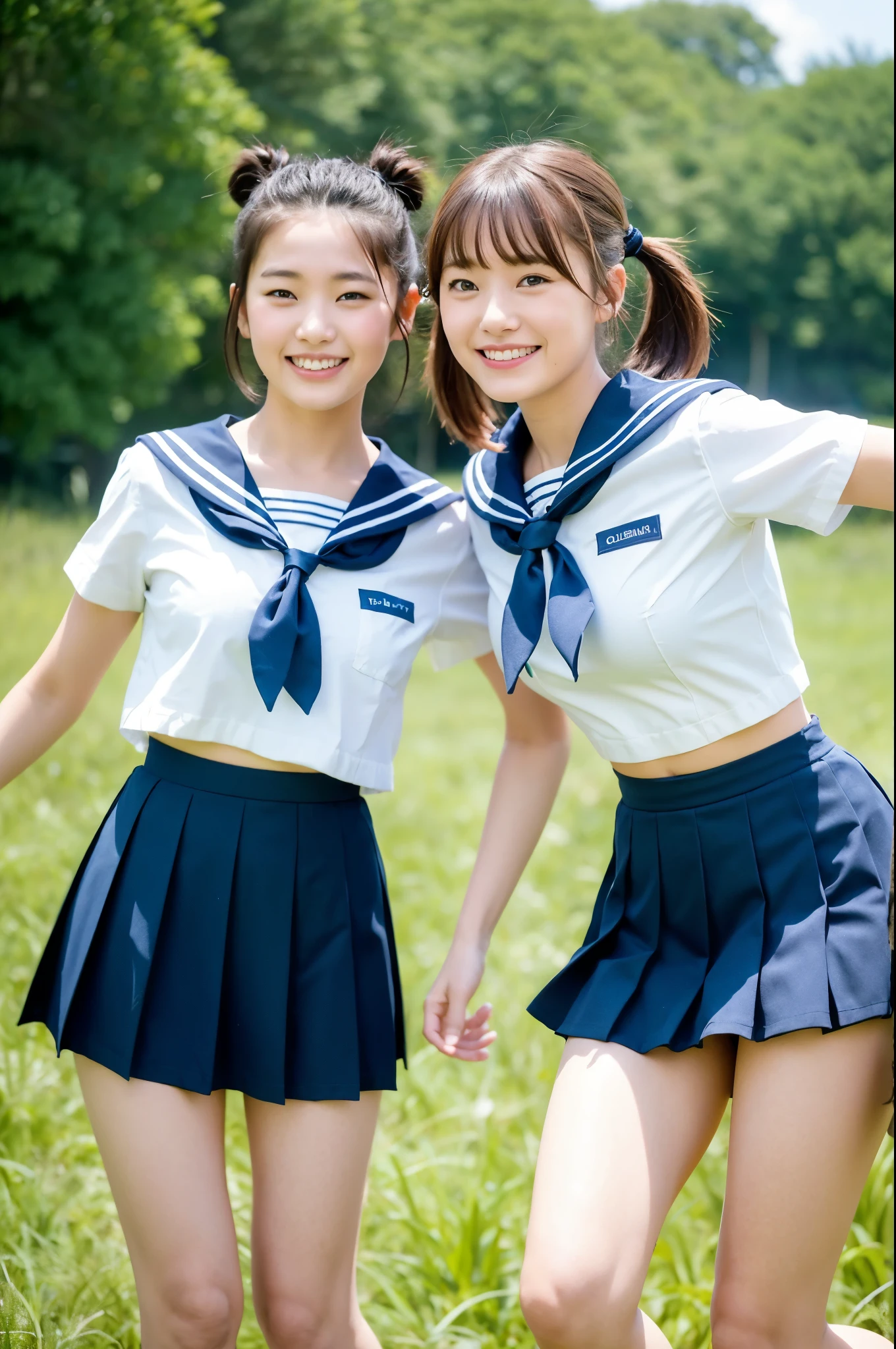 2 girls hopping in rural field,cumulonimbus cloud in summer blue sky,white sailor shirt,lifted up navy blue pleated skirt,white thong,18-year-old,bangs,a little smile,thighs,knees,short hair with low pigtails bunches,from beside,front light