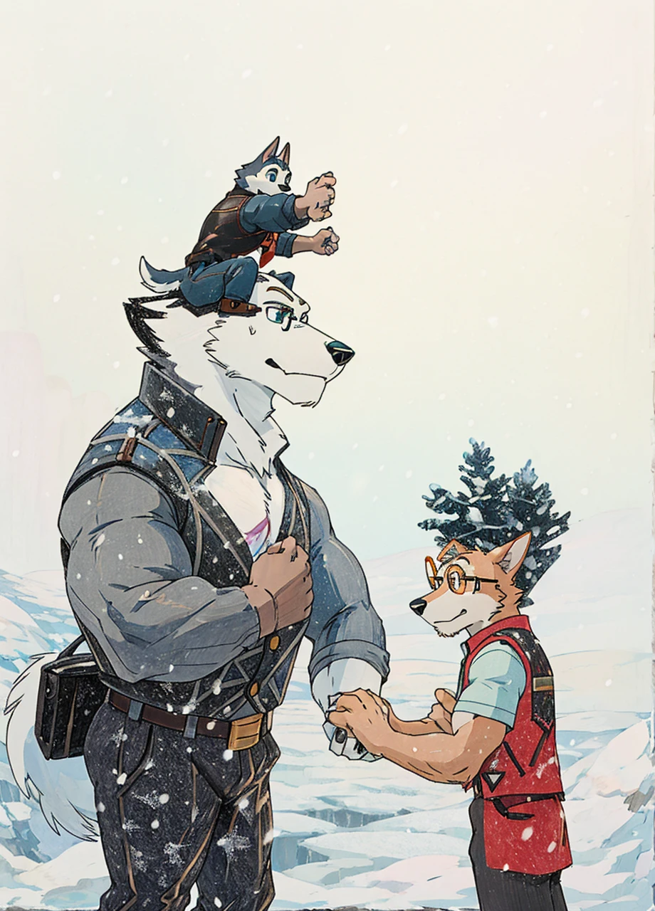 A muscular husky dog with strong, muscular build, white and black fur, wearing a leather jacket, winter pants, and snow boots, standing in an arctic landscape. A skinny boy with circle glasses, wearing a t-shirt, vest, sweatpants, holding hands with the dog, with eyes between them.