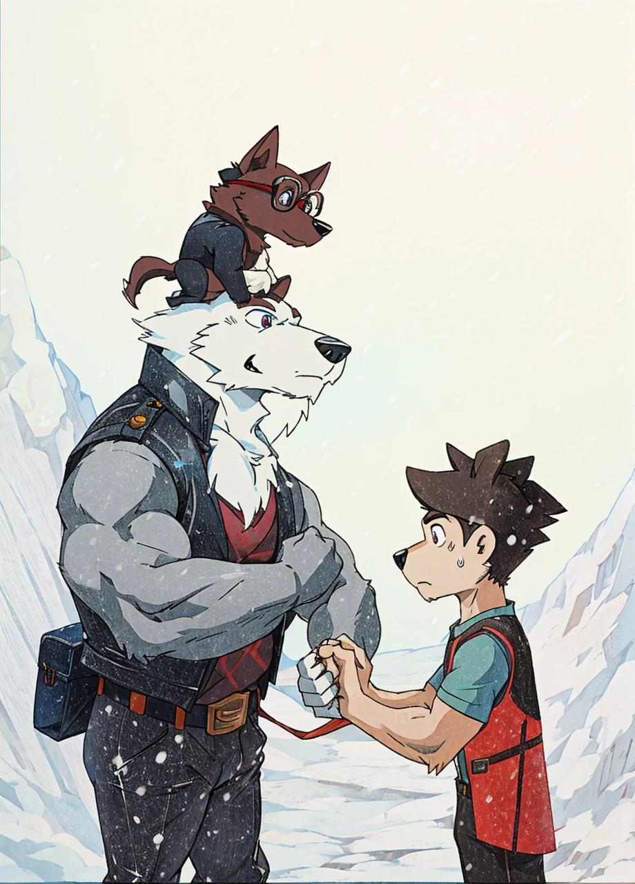 A muscular husky dog with strong, muscular build, white and black fur, wearing a leather jacket, winter pants, and snow boots, standing in an arctic landscape. A skinny boy with circle glasses, wearing a t-shirt, vest, sweatpants, holding hands with the dog, with eyes between them.