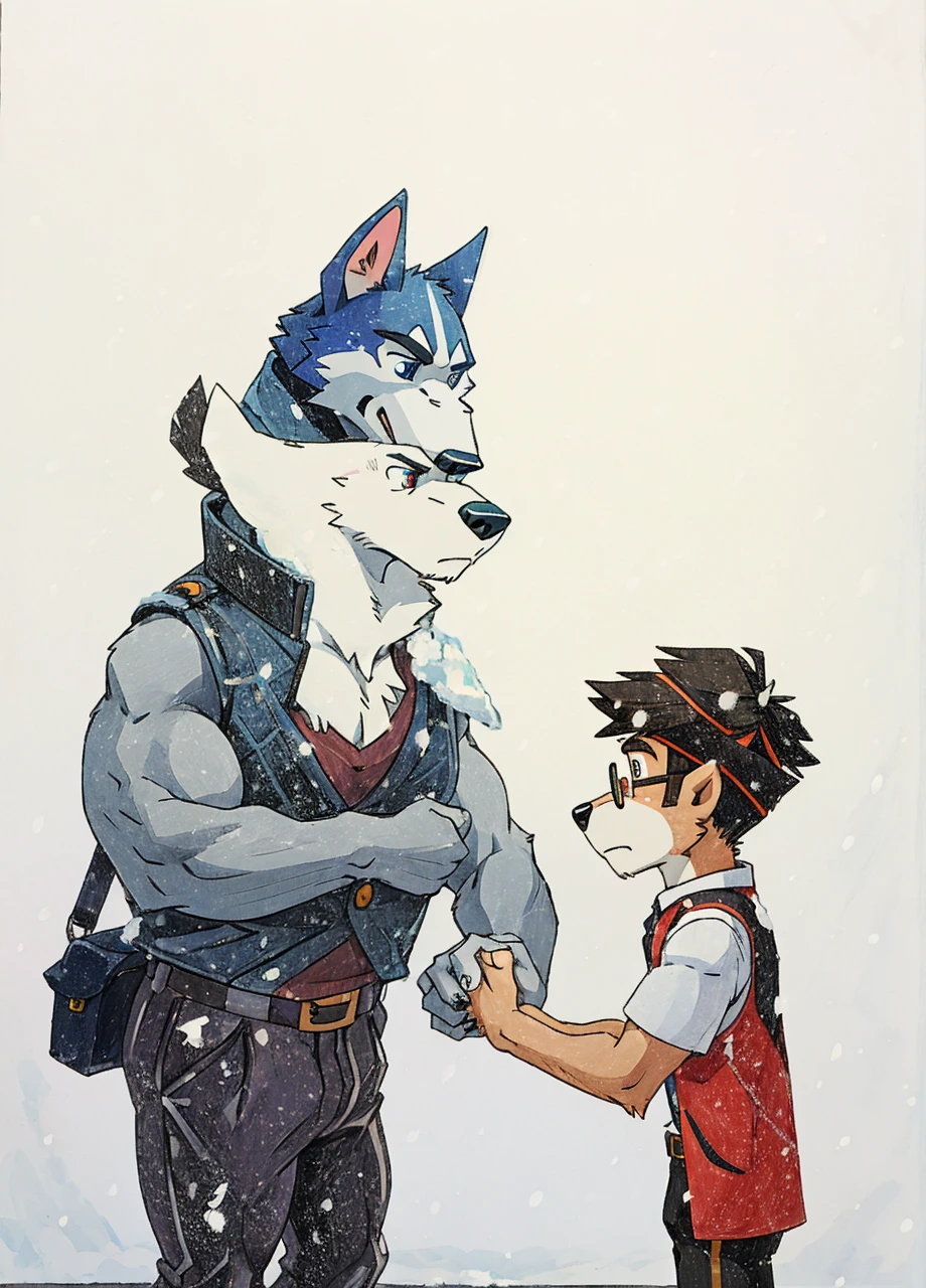 A muscular husky dog with strong, muscular build, white and black fur, wearing a leather jacket, winter pants, and snow boots, standing in an arctic landscape. A skinny boy with circle glasses, wearing a t-shirt, vest, sweatpants, holding hands with the dog, with eyes between them.