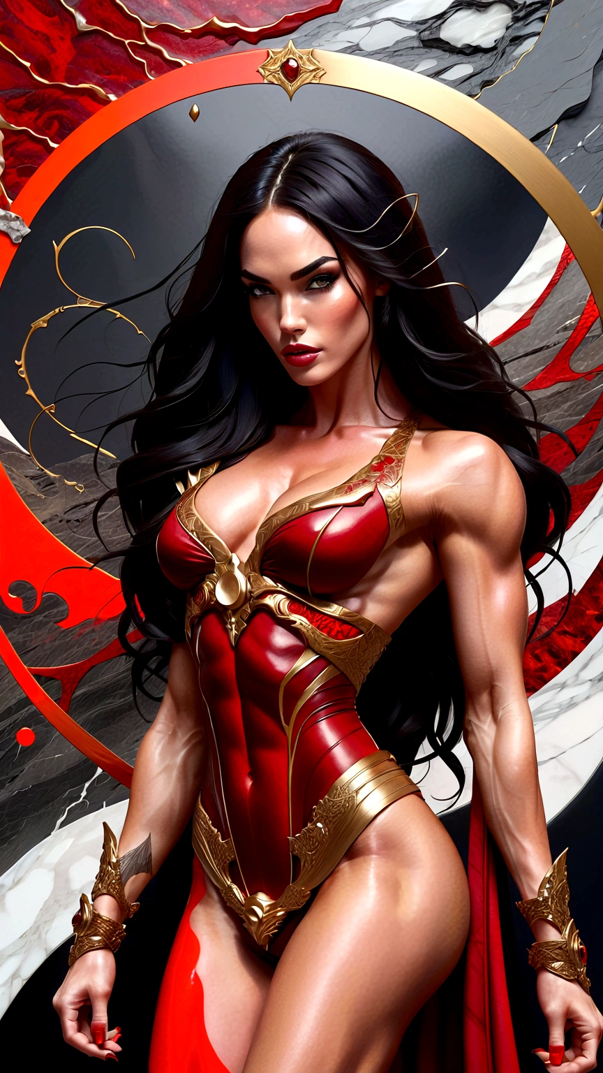 a beautiful illustration of megan fox as a very muscular vampire girl in an abstract marble texture with a tarot style frame, with colors of obsidian black, shiny gold, and ruby red, highly detailed, intricate design, BY Anne Bachelier,