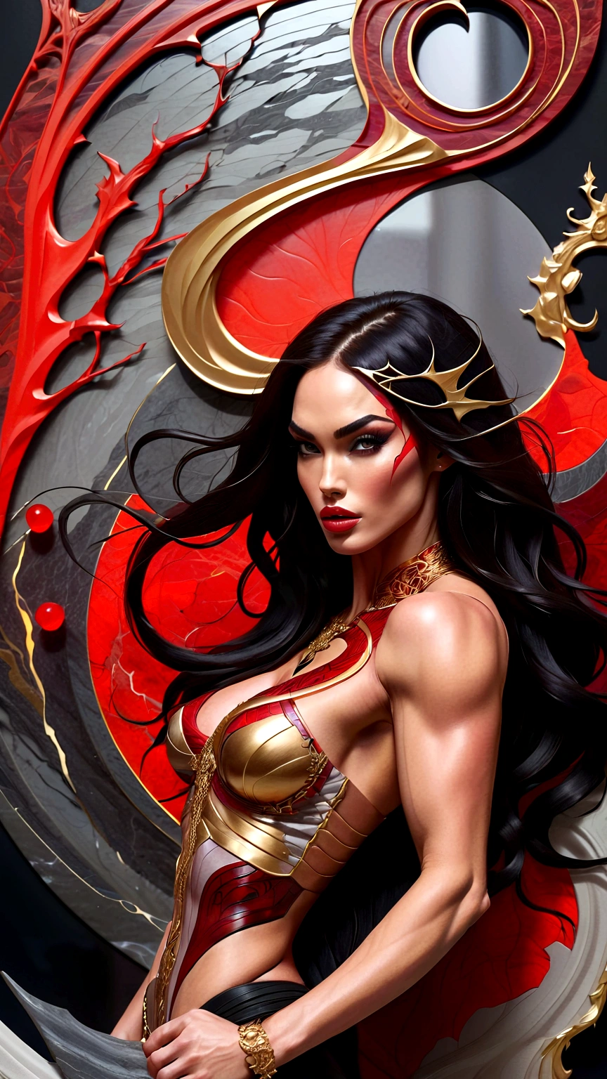 a beautiful illustration of megan fox as a very muscular vampire girl in an abstract marble texture with a tarot style frame, with colors of obsidian black, shiny gold, and ruby red, highly detailed, intricate design, BY Anne Bachelier,